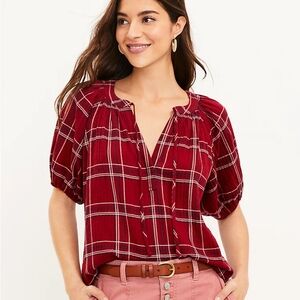 Ann Taylor LOFT Red Plaid Tie Neck Puff Sleeve Top Sz S
